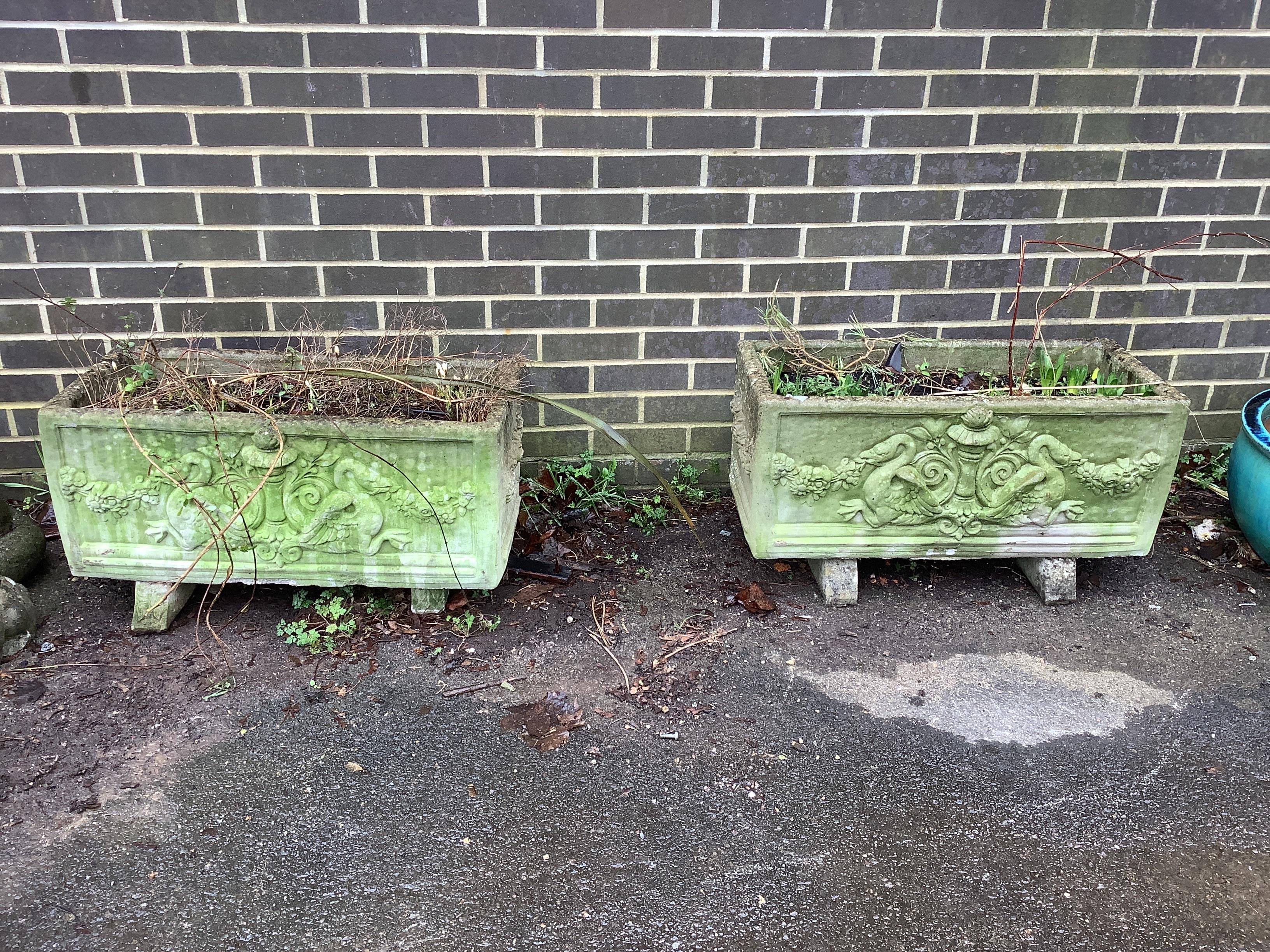 A pair of rectangular reconstituted stone garden planters, width 80cm, depth 36cm, height 44cm